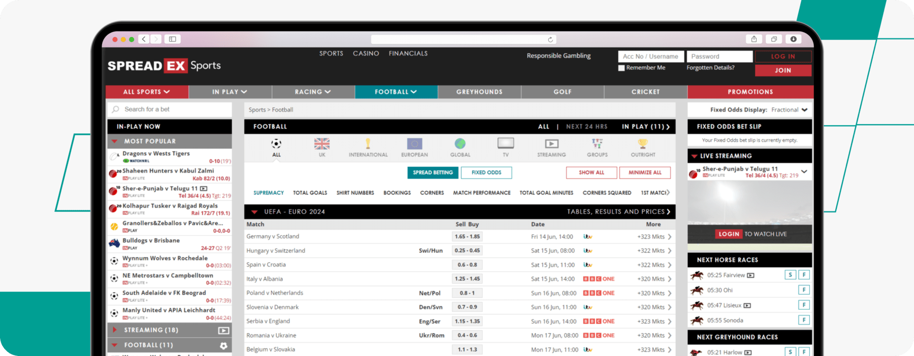 desktop screenshot of spreadex homepage cash out betting