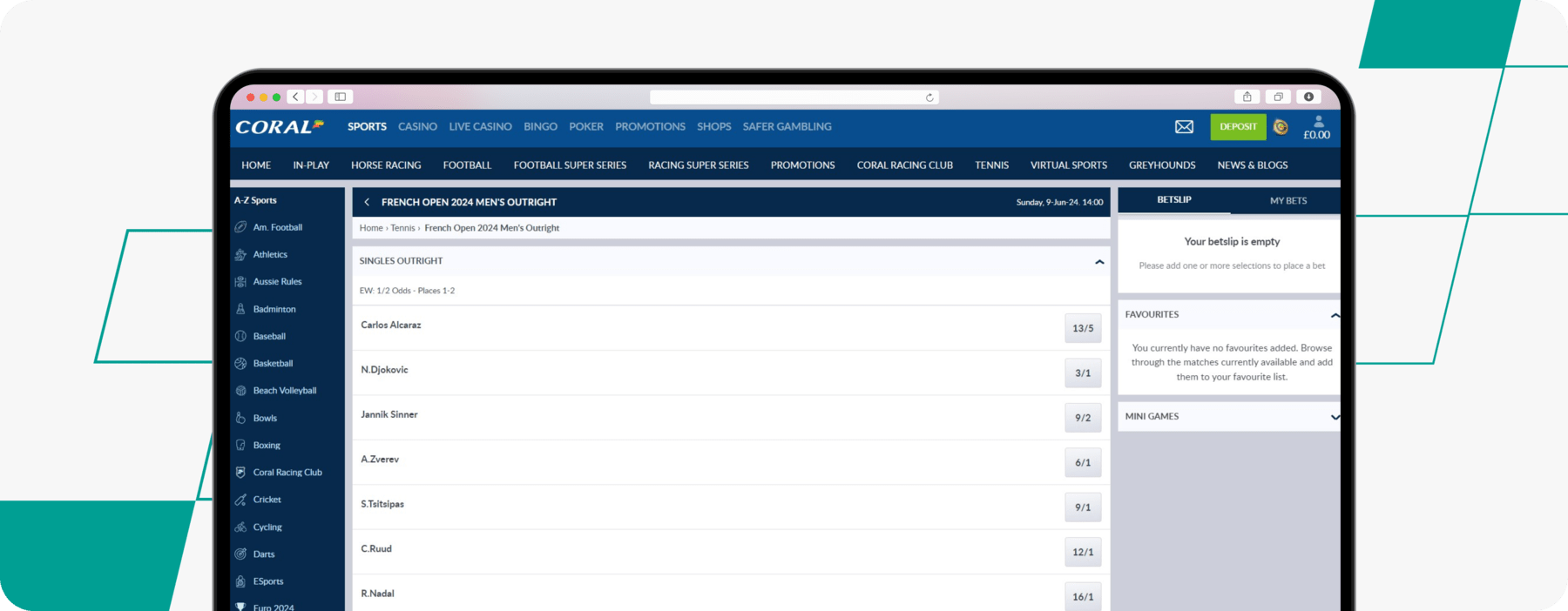 Screenshot of Coral tennis french open betting desktop