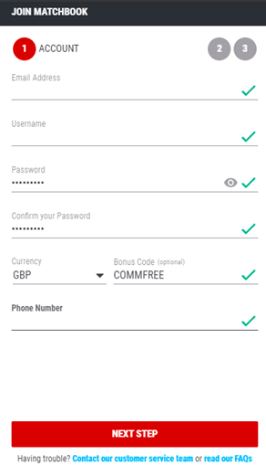 Matchbook Sign Up - Step one, personal details