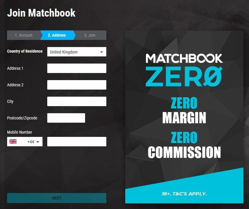 Screenshot of step 2 when joining Matchbook - inserting your address.