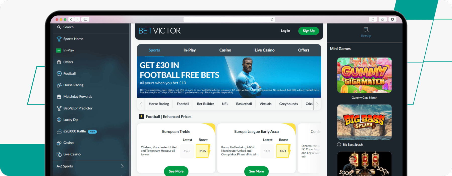 screenshot of betvictor's sportsbook homepage